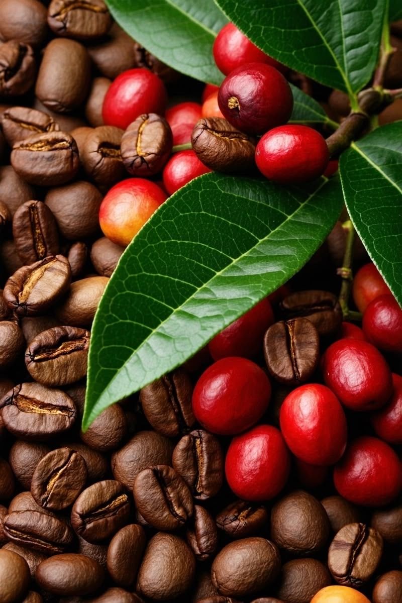 Ripe coffee cherries and roasted coffee beans
