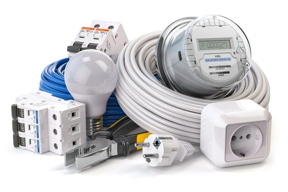 Cable coils, a bulb, circuit breakers, a socket and a meter