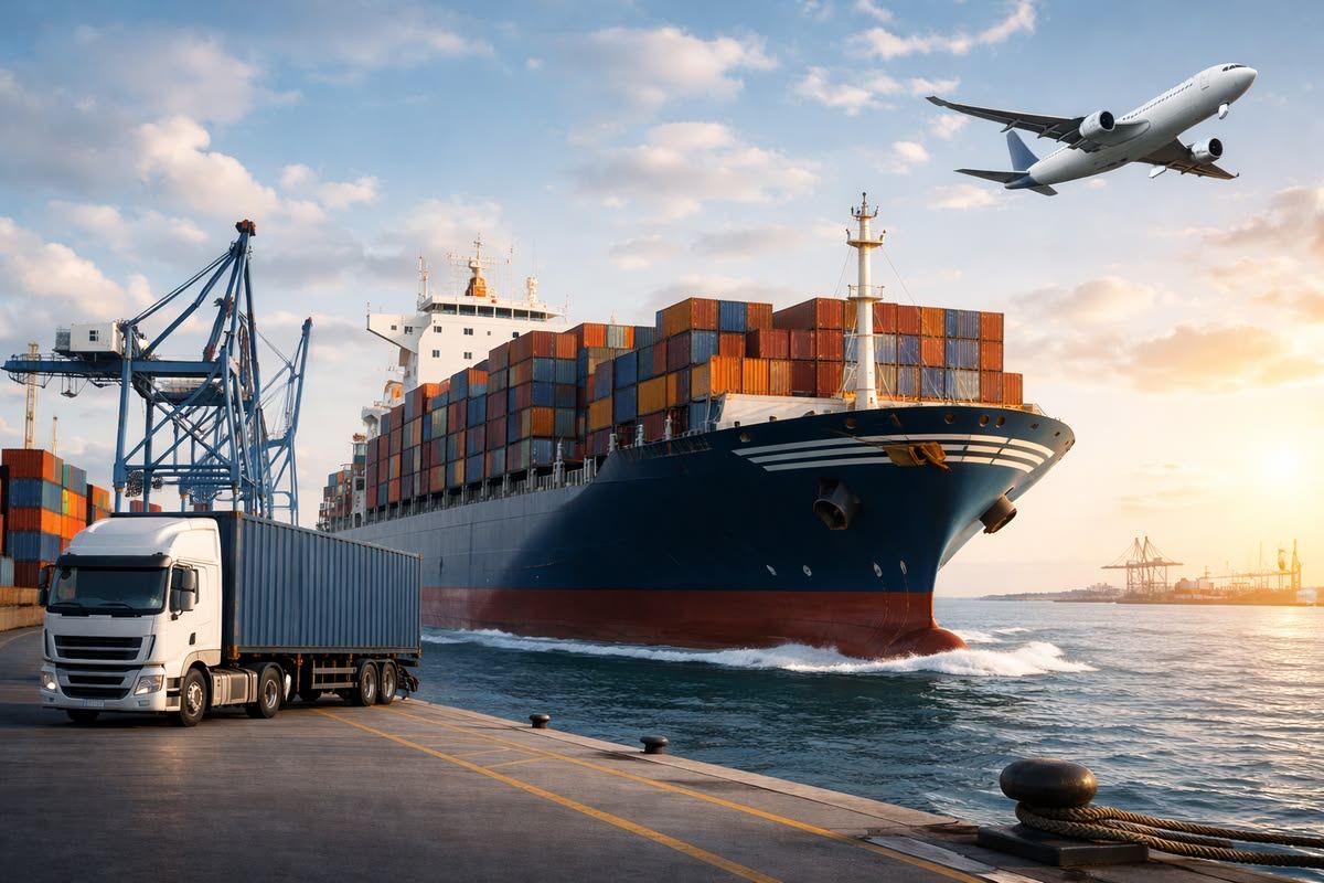 A container ship, a truck and a cargo plane at a port